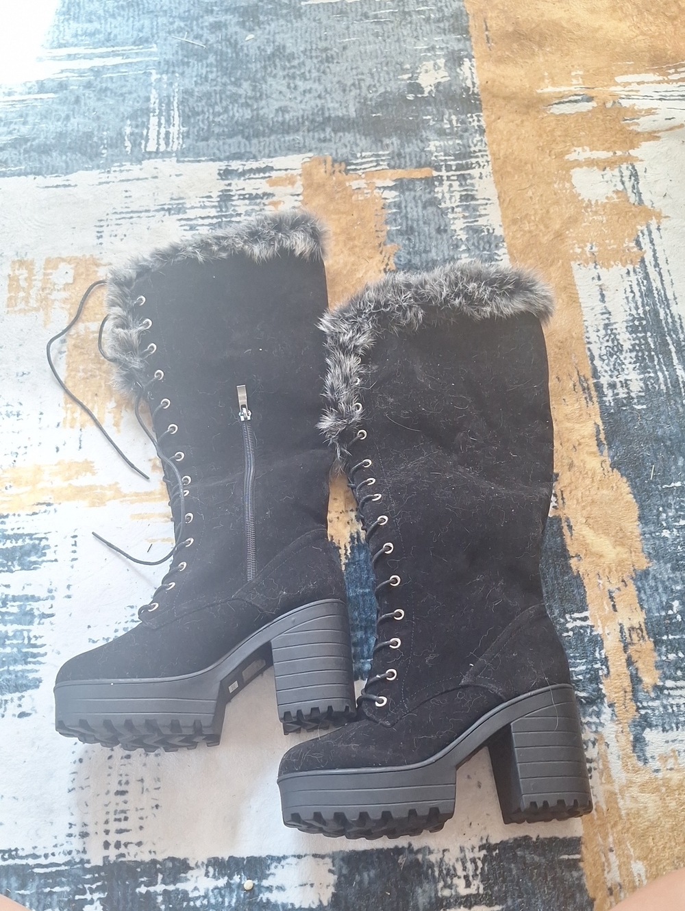 SHEIN Black Faux Fur-Trim Lace-Up Platform Heeled Boots